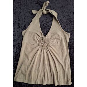 Mixit Olive Green Stretch Halter Top L With Crochet Accent Adjustable Tie Neck C